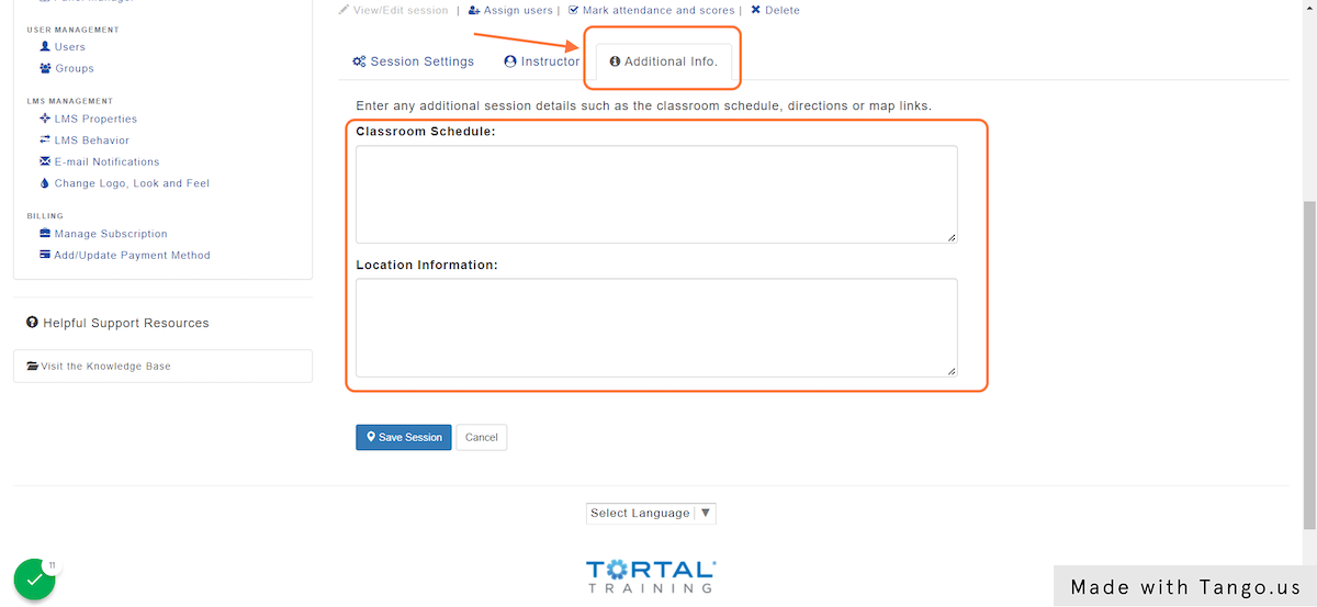 Click on  Additional Info tab to add any helpful Session details for your Learners.